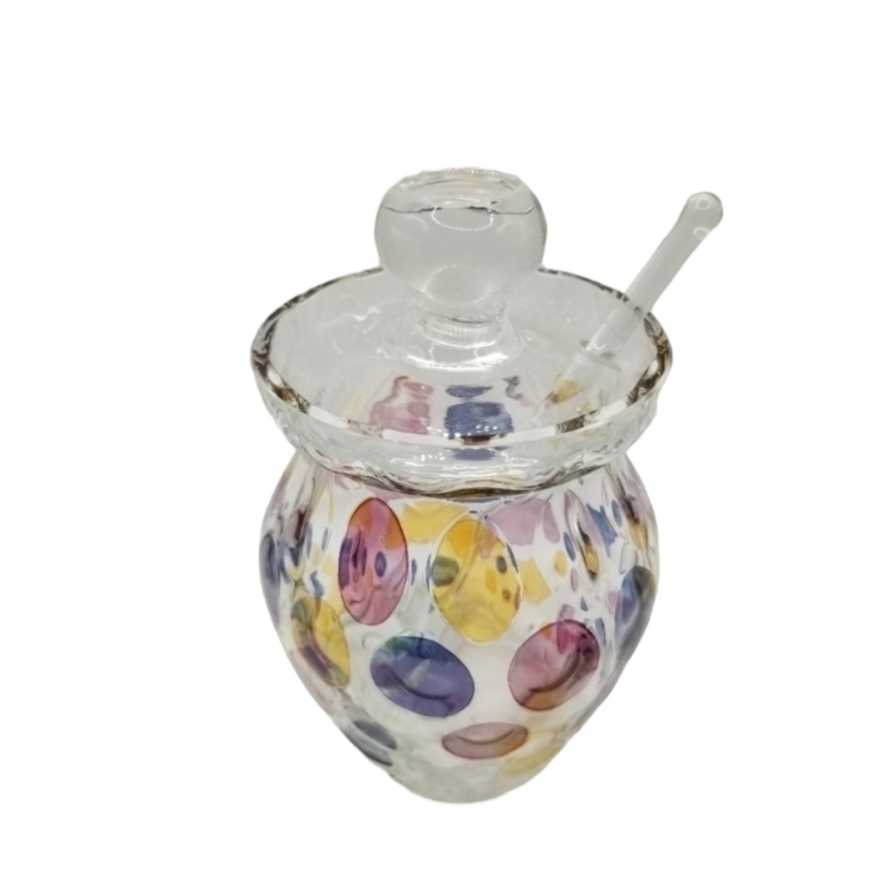 Art Glass Jam Sugar Mustard Honey Pot & Spoon Lid Clear Multi Color Circles